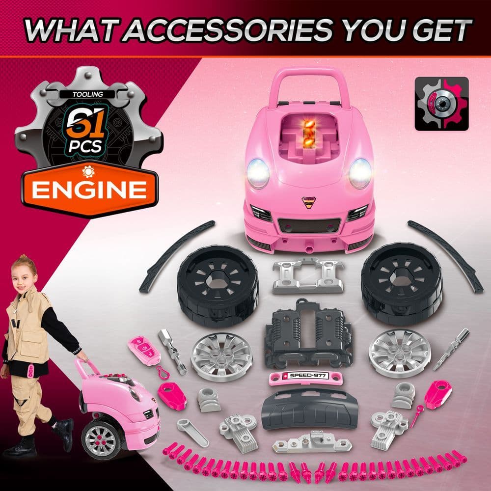 image-Kids Truck Engine Toy Set w/ Horn Light Car Key Age 3-5 Years, Pink