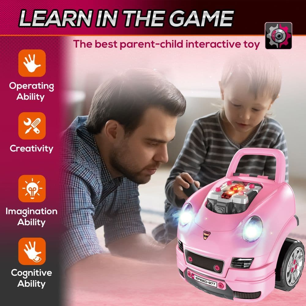 image-Kids Truck Engine Toy Set w/ Horn Light Car Key Age 3-5 Years, Pink