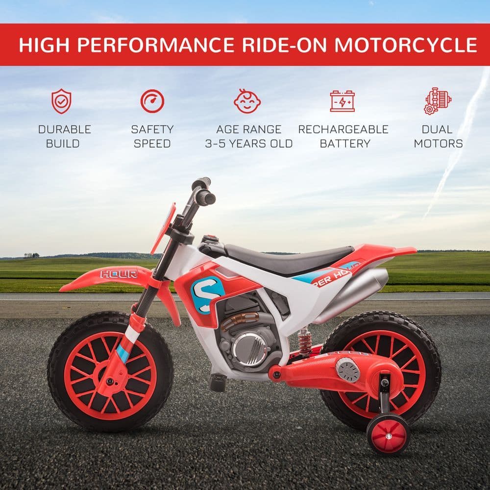 image-Kids Motorbike Electric Ride-On Toy w/ Training Wheels, for 3-5 Years - Red