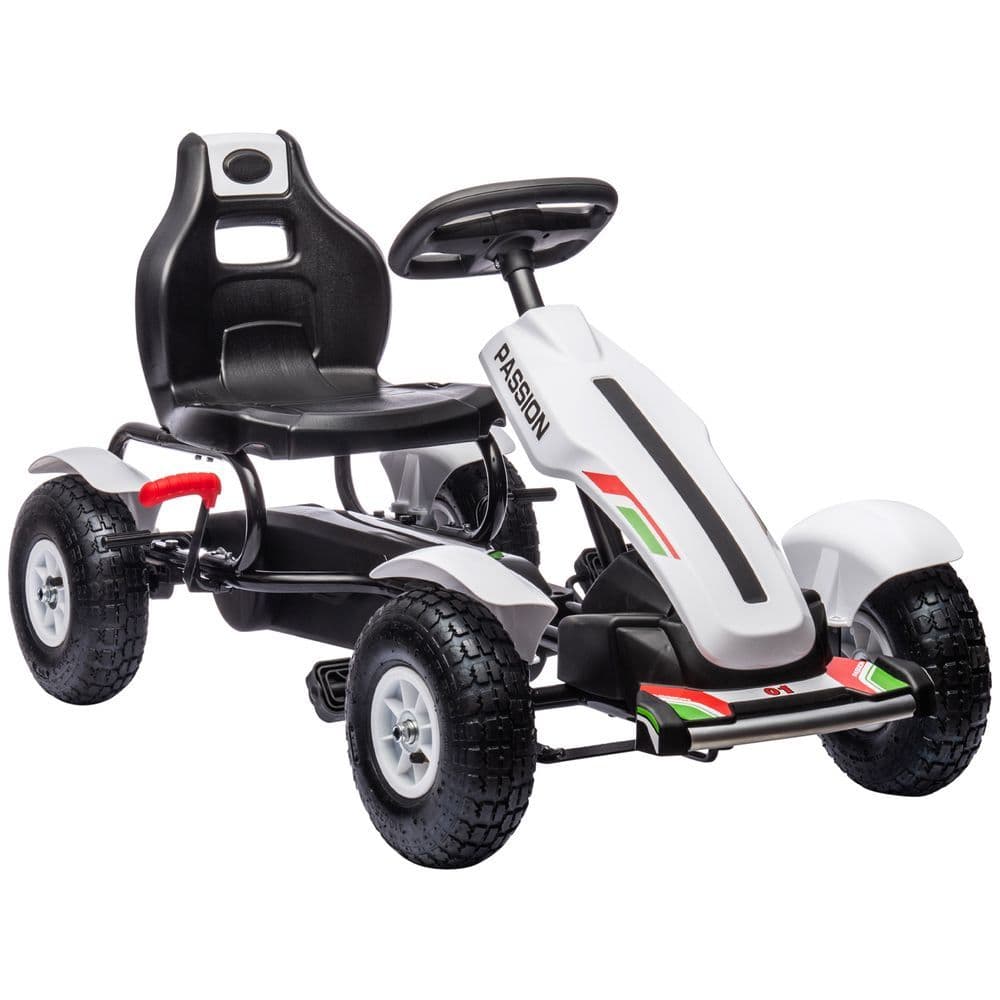 image-Children Pedal Go Kart w/ Adjustable Seat, Inflatable Tyres, Handbrake - White