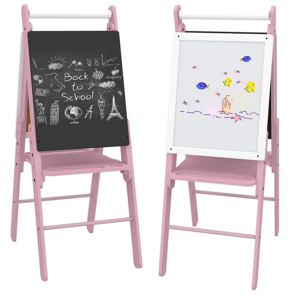 image-Art Easel for Kids, Double-Sided Whiteboard Chalkboard w/ Paper Roll - Pink