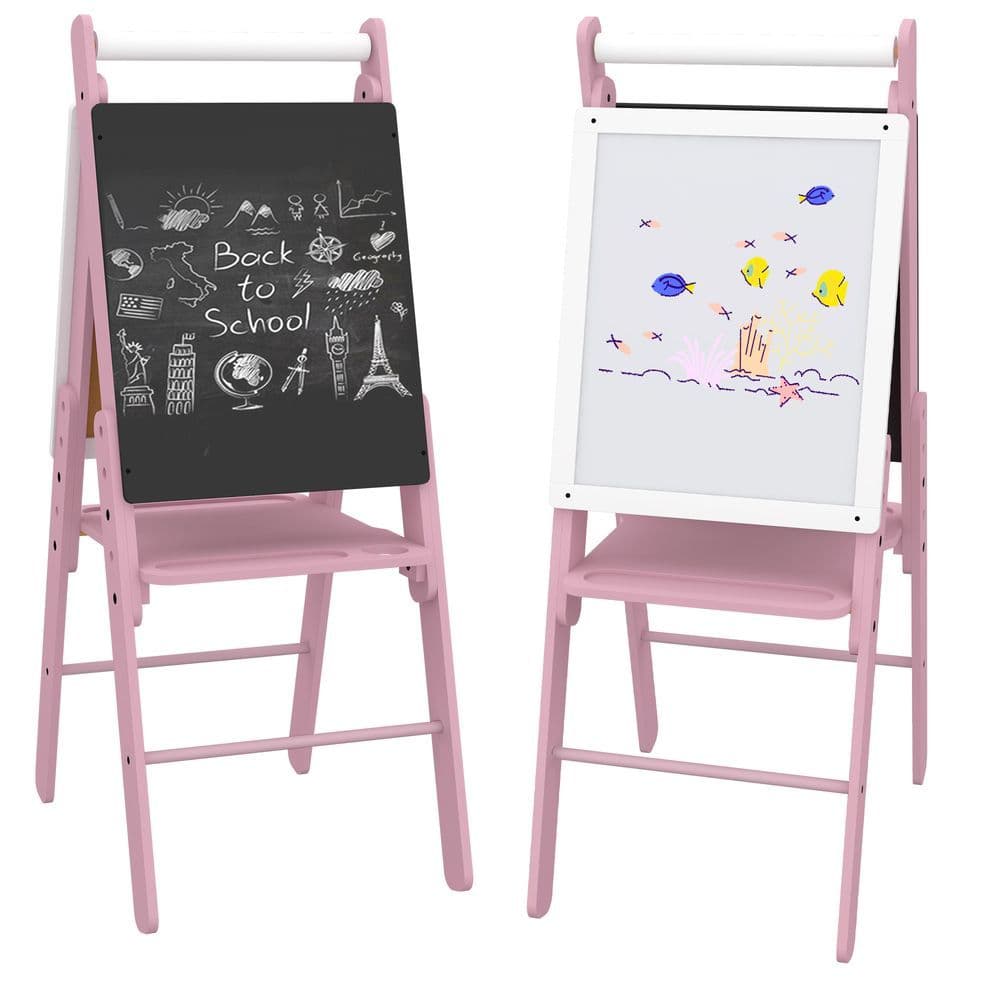 image-Art Easel for Kids, Double-Sided Whiteboard Chalkboard w/ Paper Roll - Pink