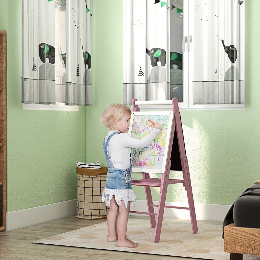 image-Art Easel for Kids, Double-Sided Whiteboard Chalkboard w/ Paper Roll - Pink