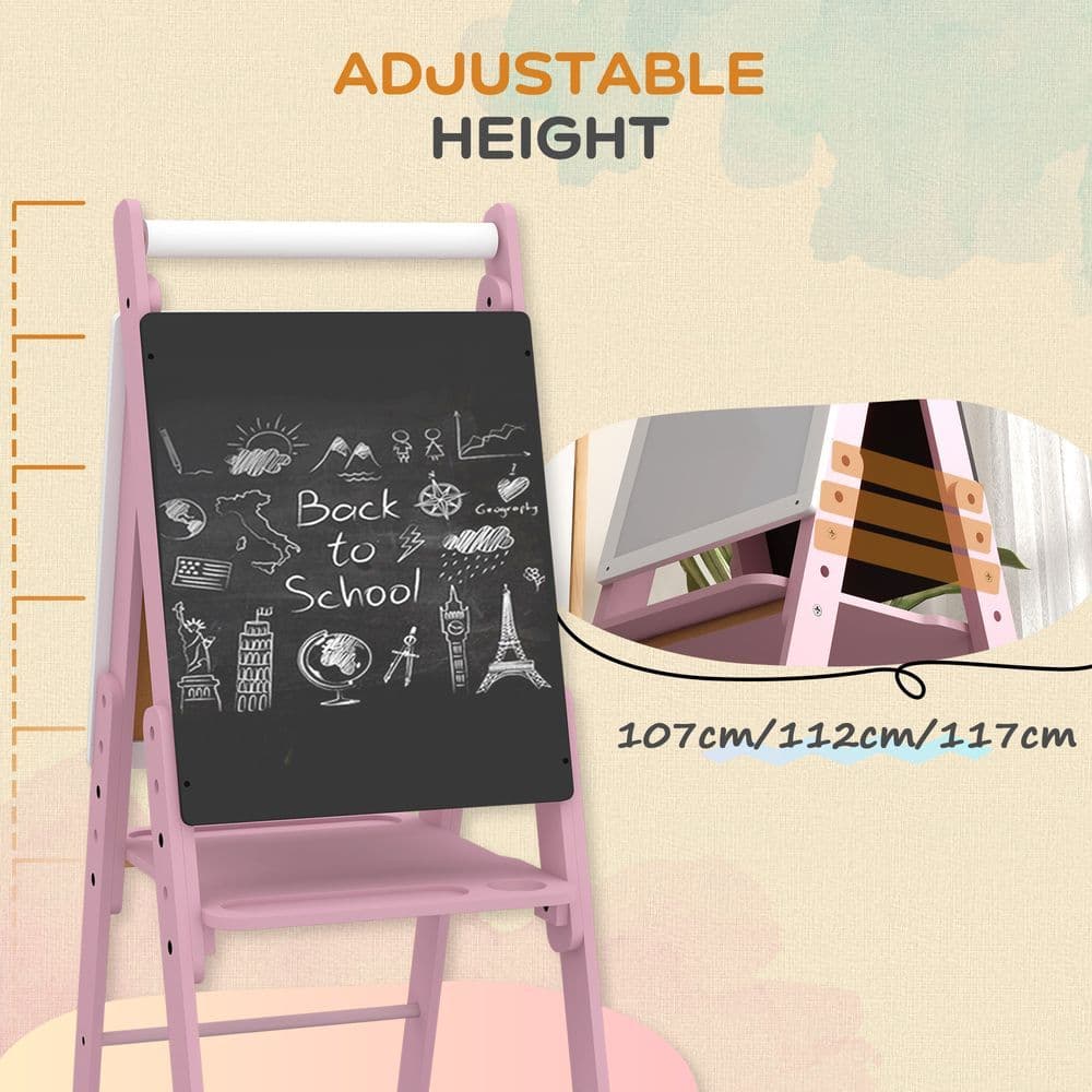 image-Art Easel for Kids, Double-Sided Whiteboard Chalkboard w/ Paper Roll - Pink