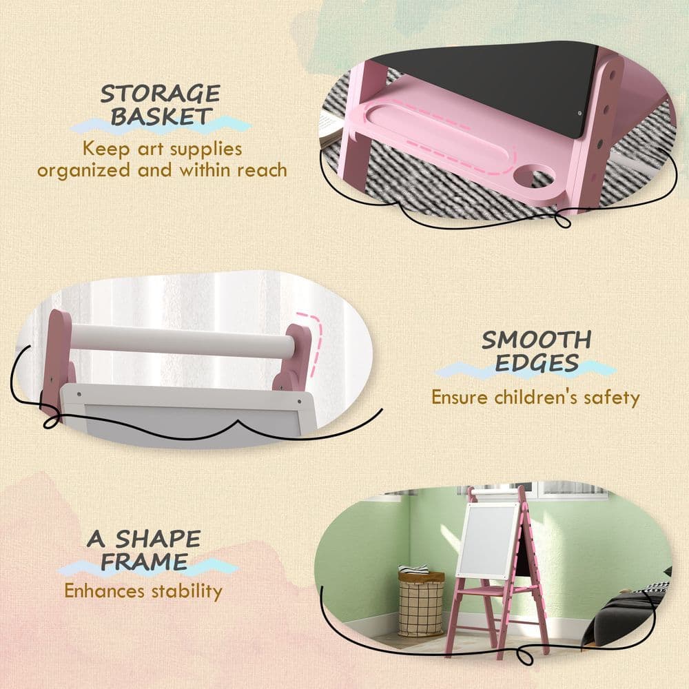 image-Art Easel for Kids, Double-Sided Whiteboard Chalkboard w/ Paper Roll - Pink