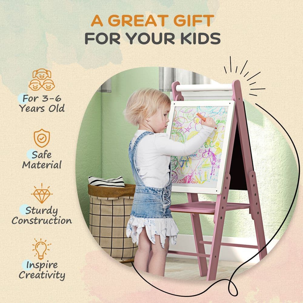 image-Art Easel for Kids, Double-Sided Whiteboard Chalkboard w/ Paper Roll - Pink