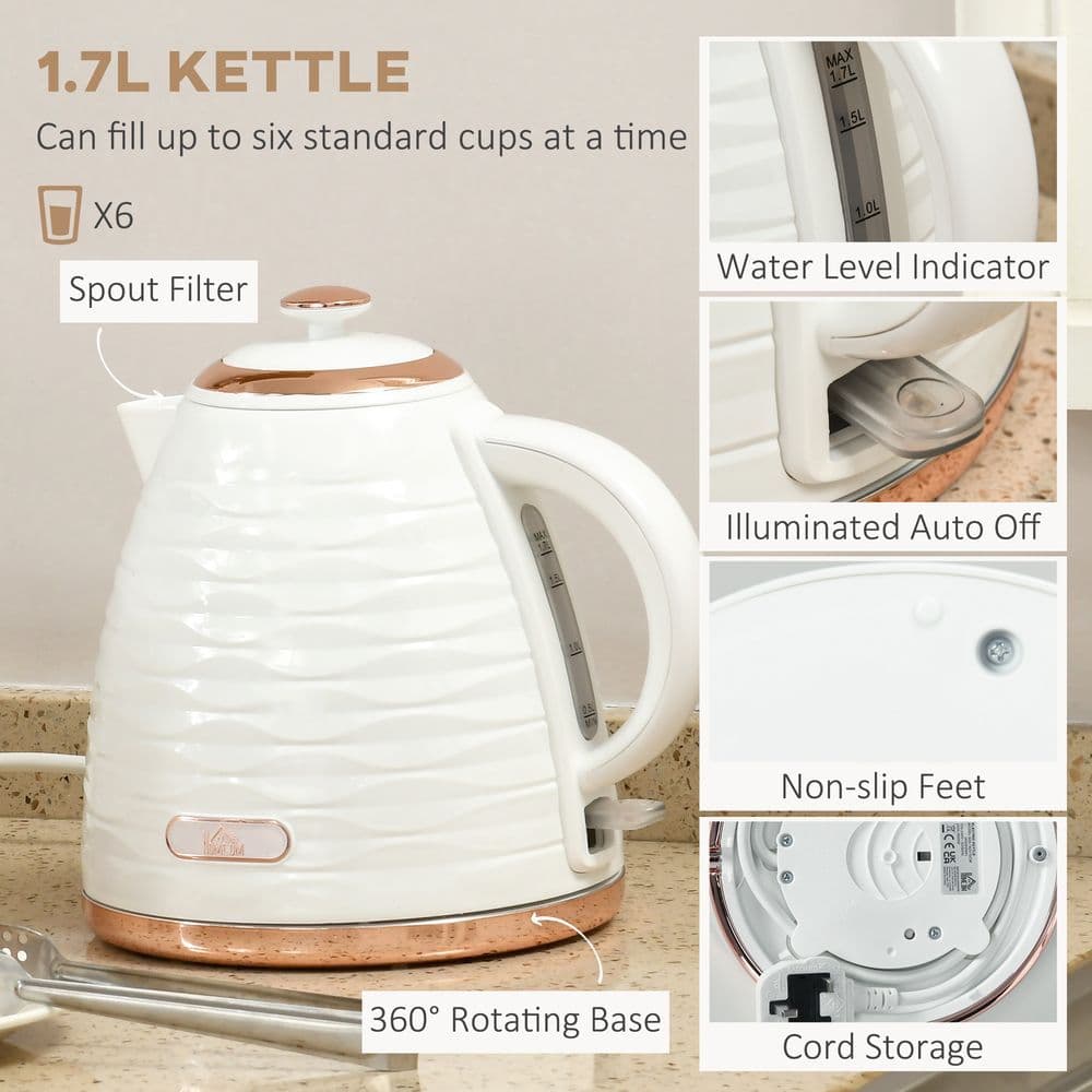 image-HOMCOM Kettle and Toaster Set 1.7L Rapid Boil Kettle & 4 Slice Toaster White