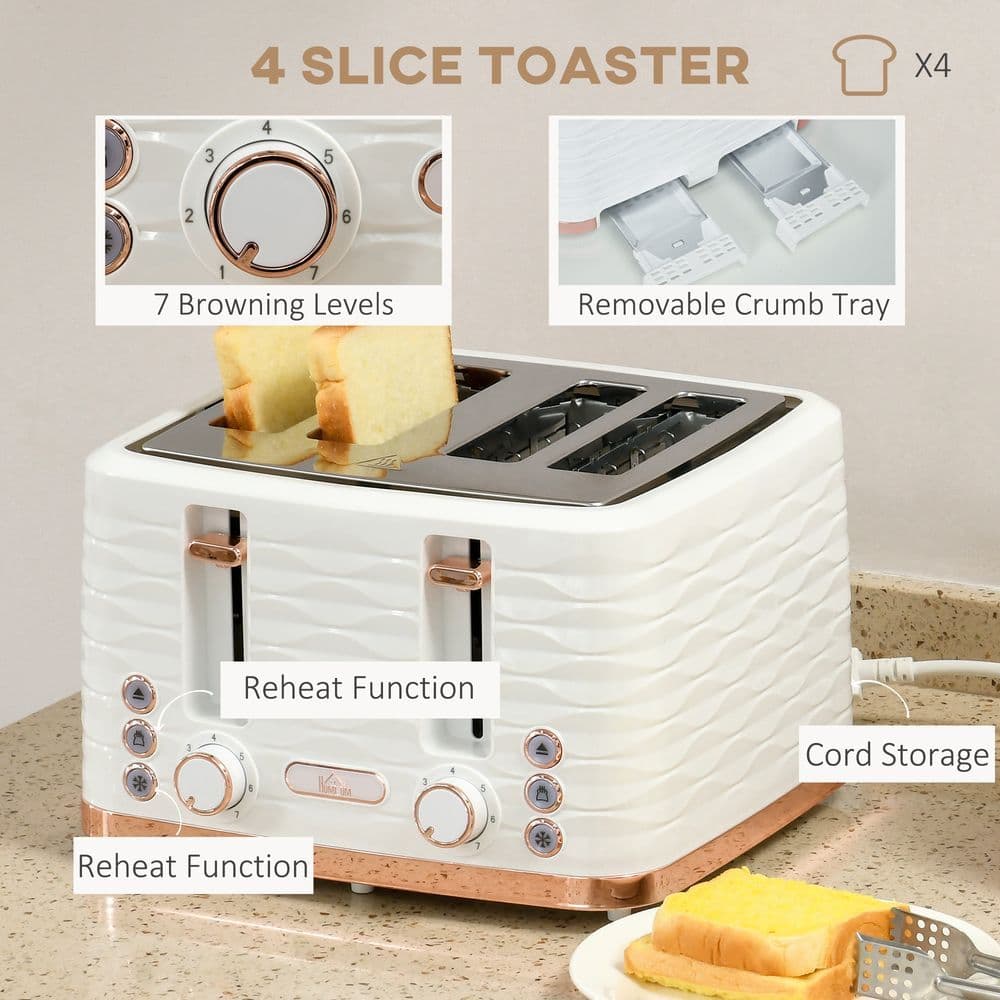 image-HOMCOM Kettle and Toaster Set 1.7L Rapid Boil Kettle & 4 Slice Toaster White