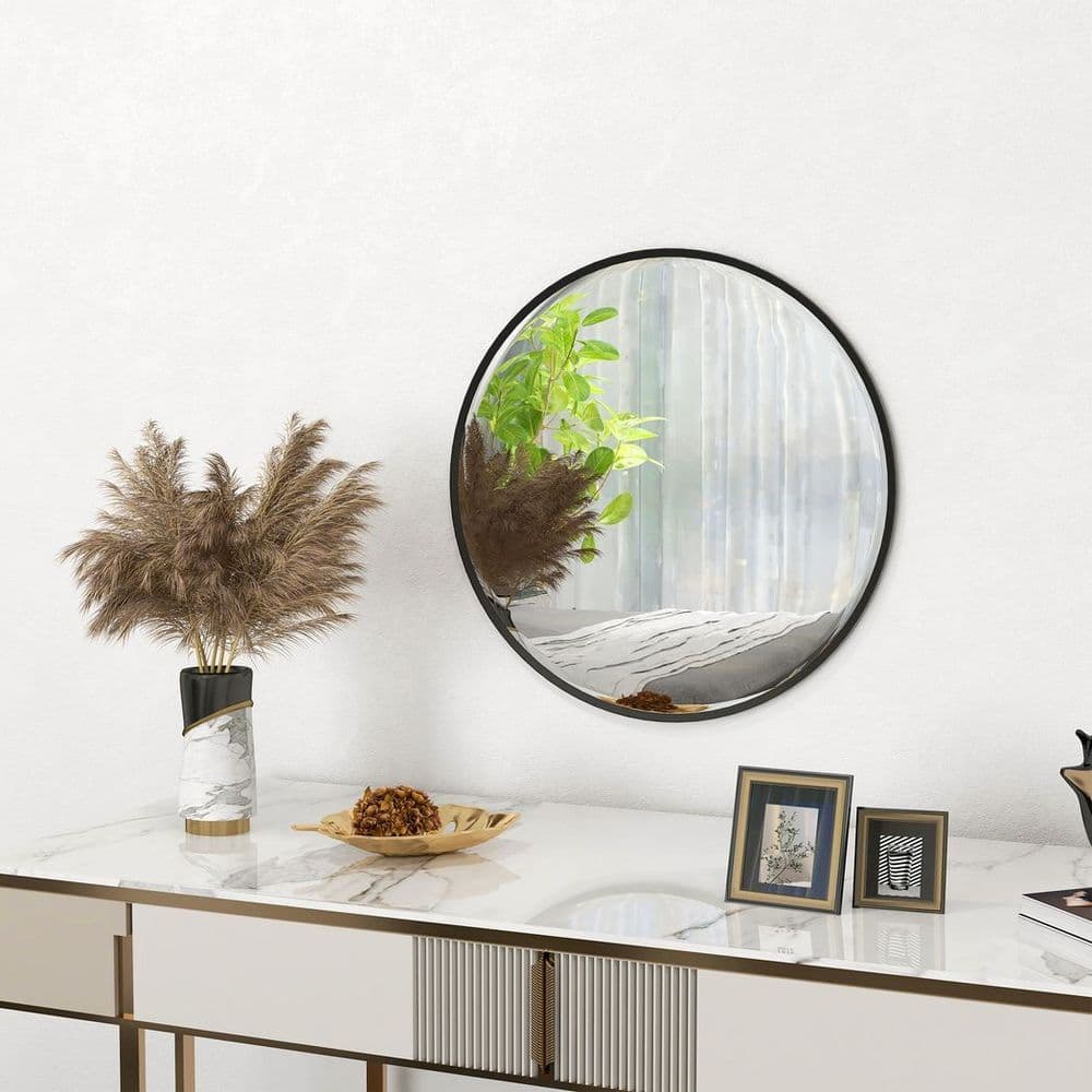 image-HOMCOM Wall Mirror for Living Room Bedroom, 61 cm Circle Bathroom Mirror, Black