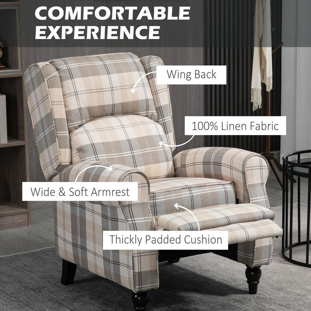 image-HOMCOM Recliner Chair for Living Room Wingback Chair with Padded Armrest Khaki