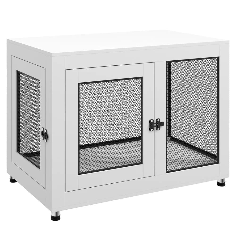 image-Dog Kennel Furniture End Table w/ Two Doors, Soft Cushion for Large, Medium Dogs