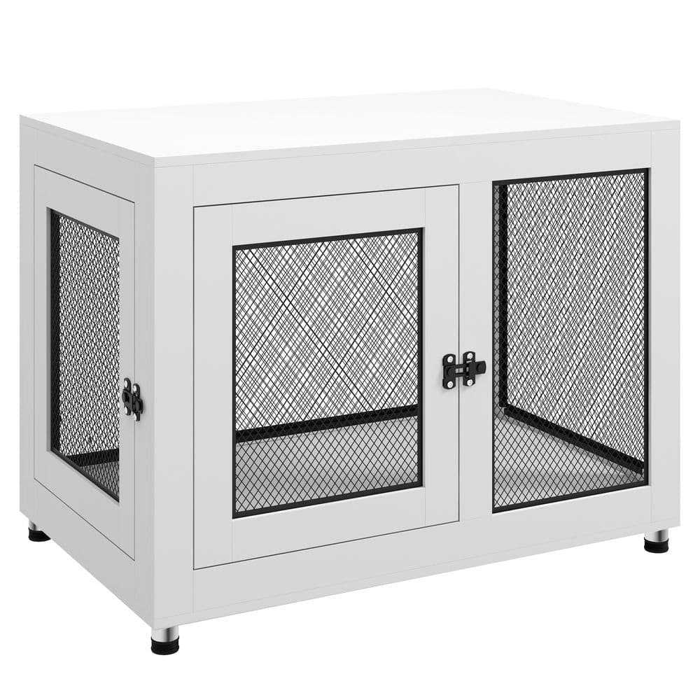image-Dog Kennel Furniture End Table w/ Two Doors, Soft Cushion for Large, Medium Dogs