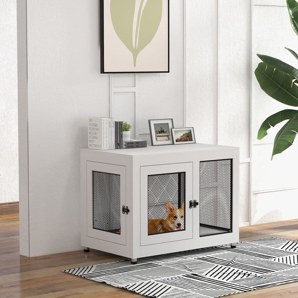 image-Dog Kennel Furniture End Table w/ Two Doors, Soft Cushion for Large, Medium Dogs