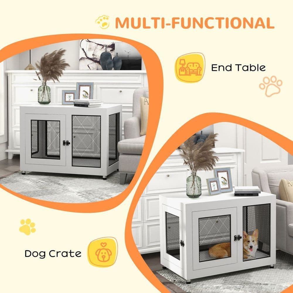 image-Dog Kennel Furniture End Table w/ Two Doors, Soft Cushion for Large, Medium Dogs