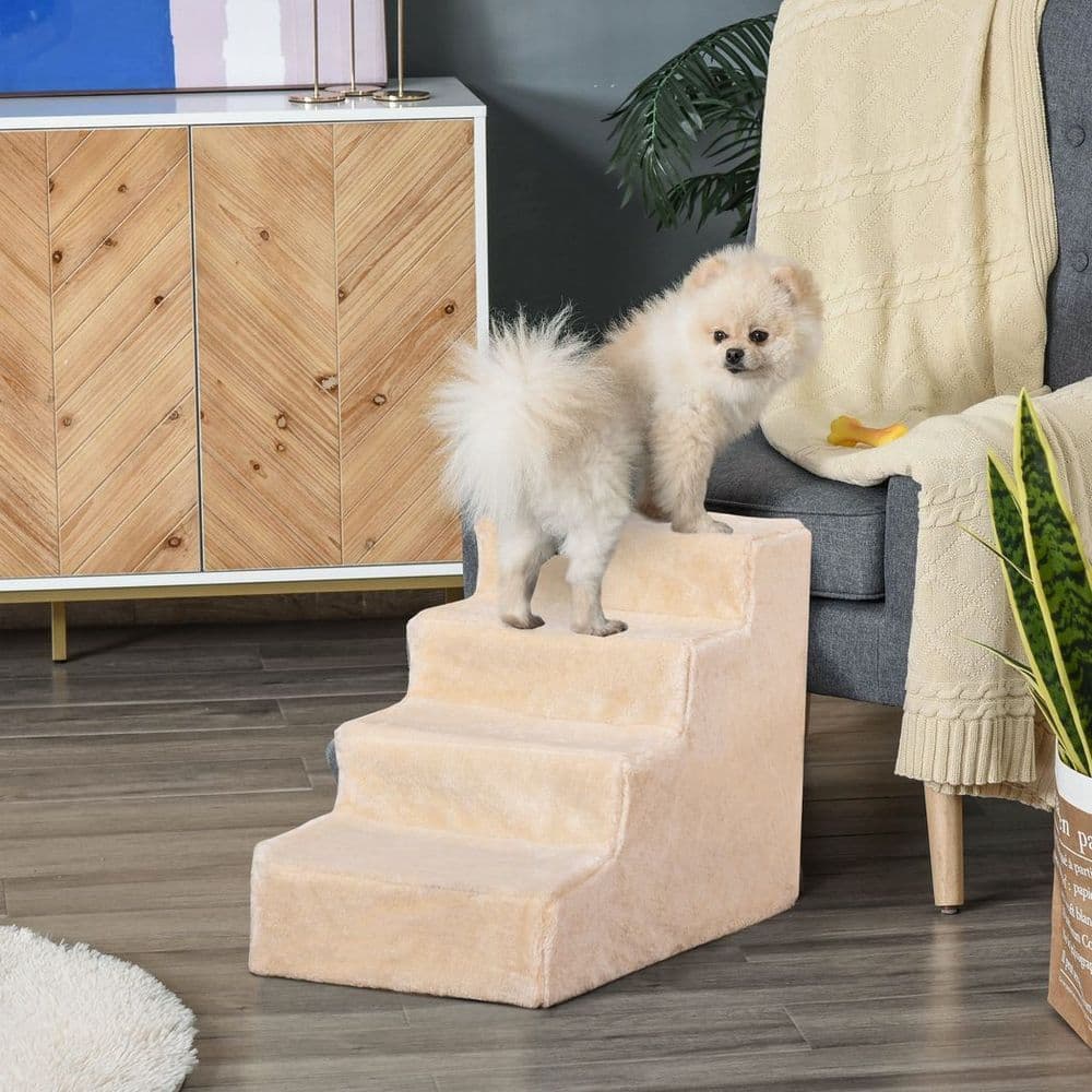 image-Portable Dog Stairs with Washable Plush Cover, for High Bed Sofa - Beige