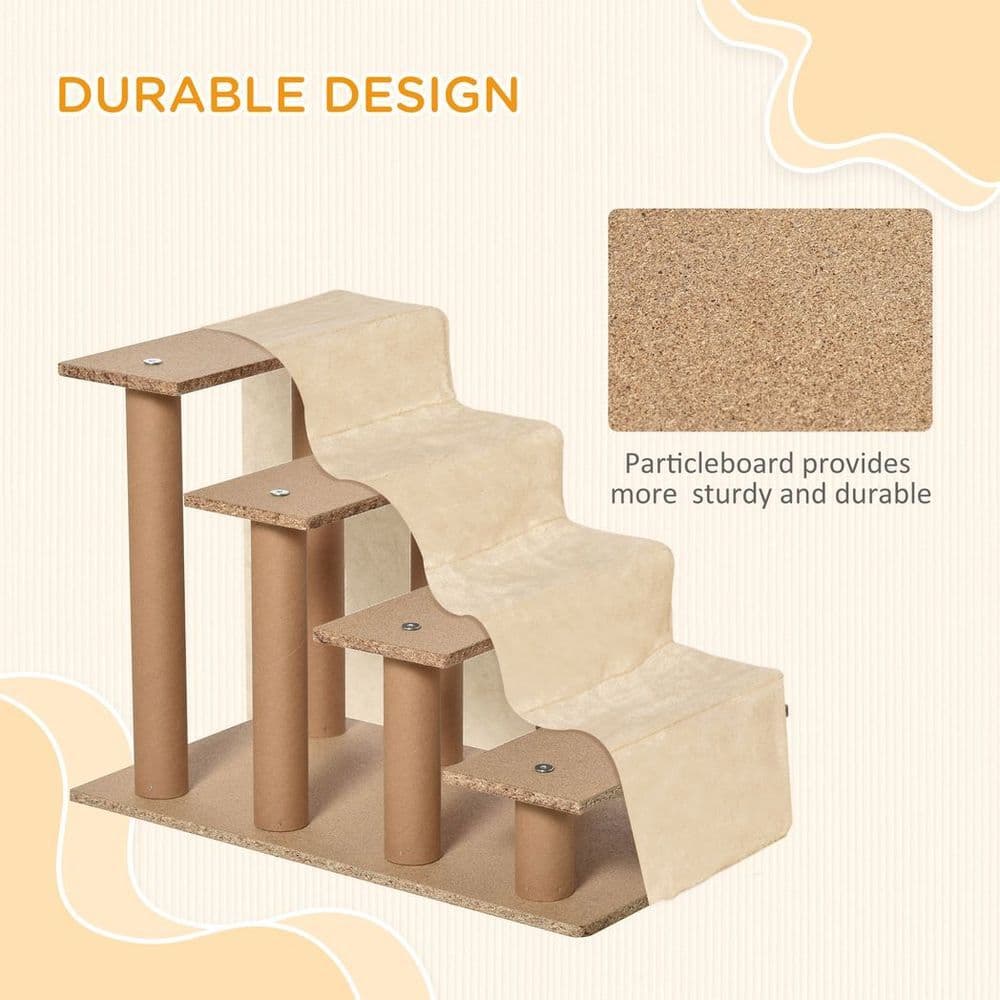 image-Portable Dog Stairs with Washable Plush Cover, for High Bed Sofa - Beige