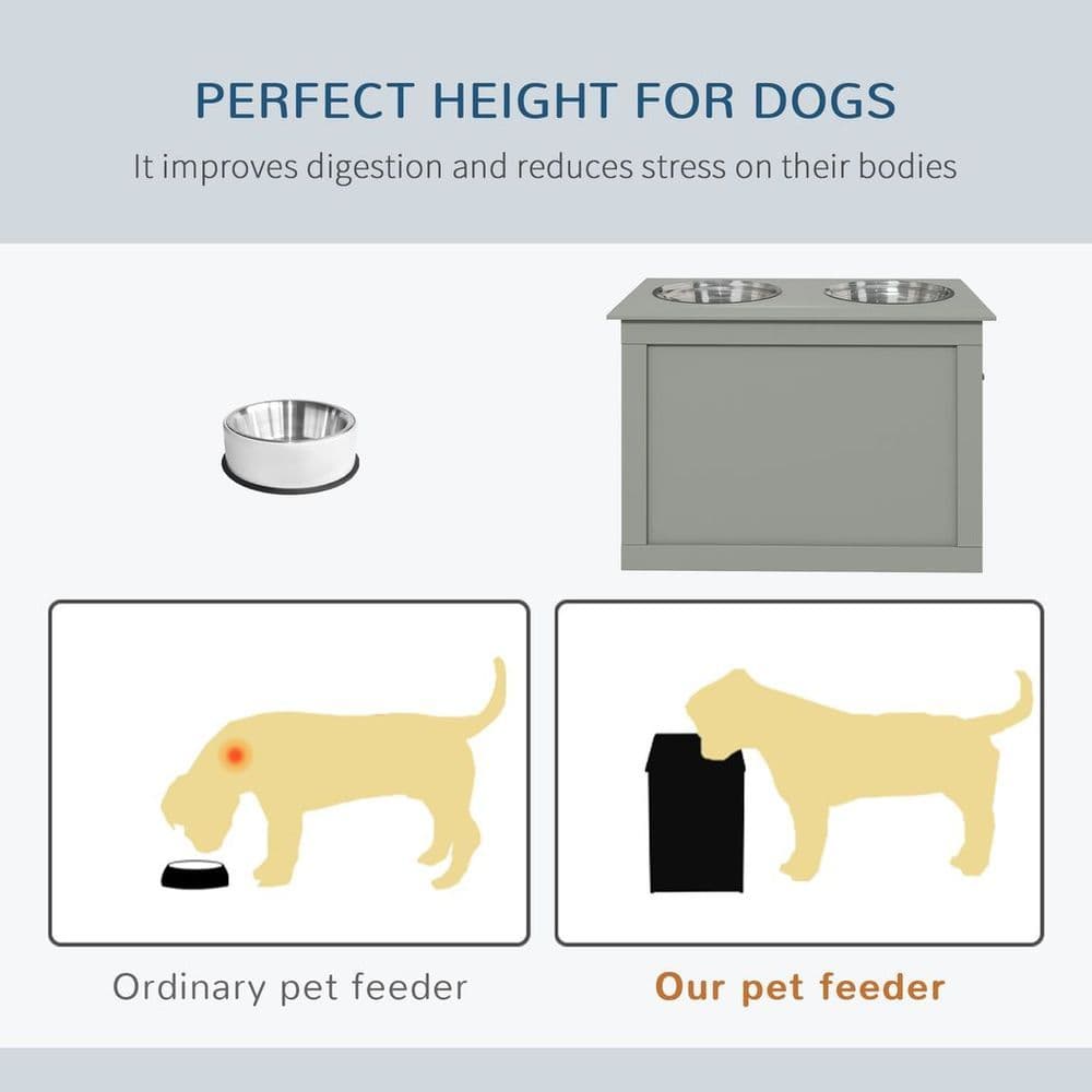 image-Raised Pet Dog Bowls w/ Storage, Two Bowls, Elevated Base - Grey