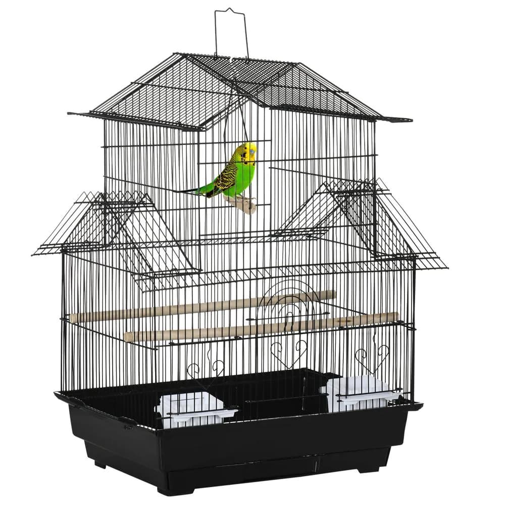 image-Metal Bird Cage w/ Plastic Perch Food Container Handle 50.5 x 40 x 63cm Black