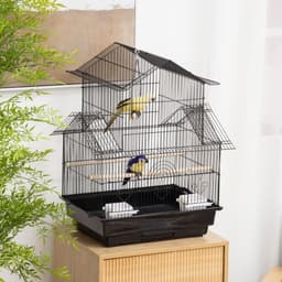 image-Metal Bird Cage w/ Plastic Perch Food Container Handle 50.5 x 40 x 63cm Black