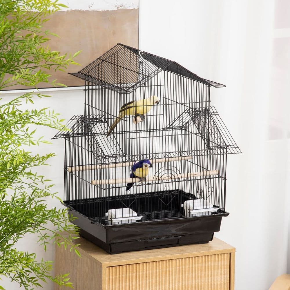 image-Metal Bird Cage w/ Plastic Perch Food Container Handle 50.5 x 40 x 63cm Black