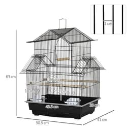 image-Metal Bird Cage w/ Plastic Perch Food Container Handle 50.5 x 40 x 63cm Black
