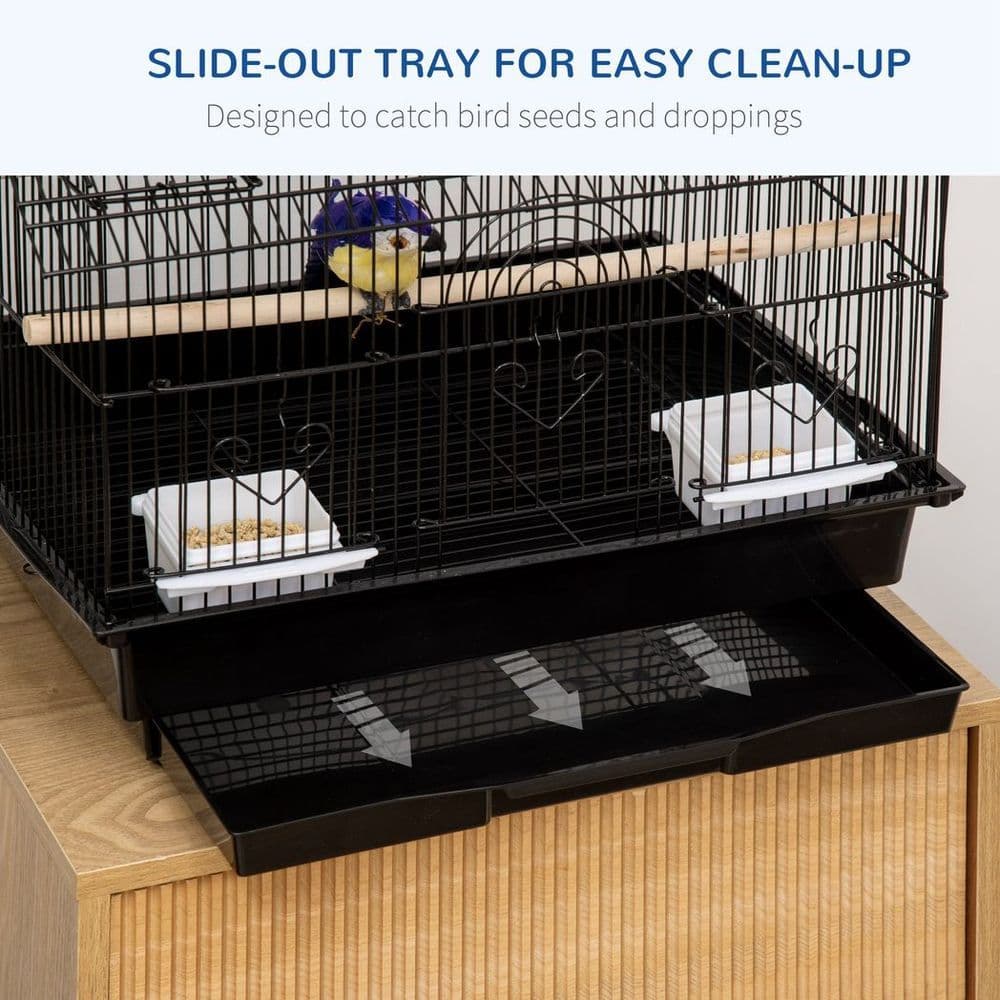 image-Metal Bird Cage w/ Plastic Perch Food Container Handle 50.5 x 40 x 63cm Black