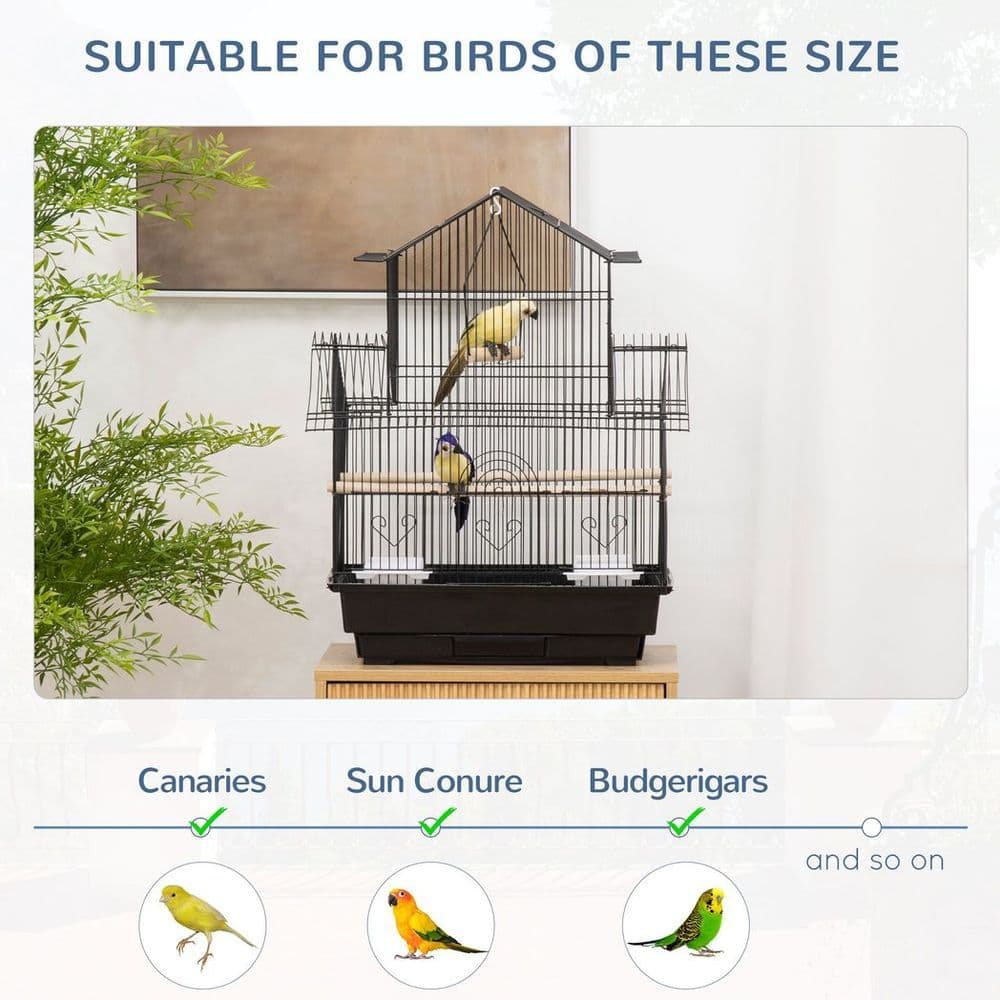 image-Metal Bird Cage w/ Plastic Perch Food Container Handle 50.5 x 40 x 63cm Black