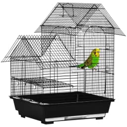 image-Metal Bird Cage w/ Plastic Perch, Food Container, Swing Ring, Handle - Black