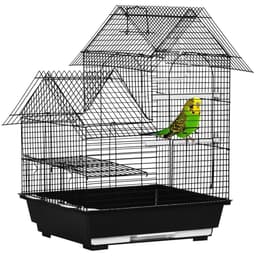 image-Metal Bird Cage w/ Plastic Perch, Food Container, Swing Ring, Handle - Black
