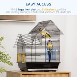 image-Metal Bird Cage w/ Plastic Perch, Food Container, Swing Ring, Handle - Black