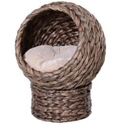 image-Wicker Cat House, Raised Cat Bed with Cylindrical Base, 42 x 33 x 52cm - Brown