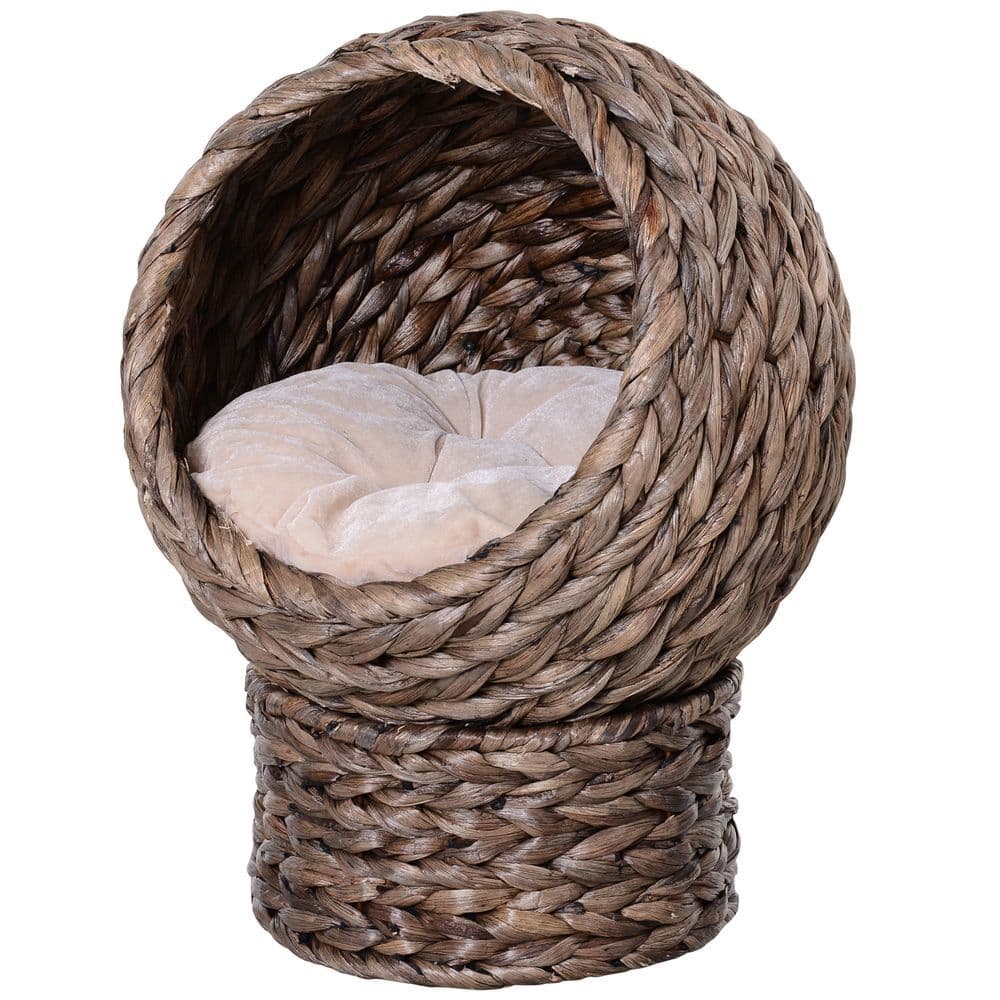 image-Wicker Cat House, Raised Cat Bed with Cylindrical Base, 42 x 33 x 52cm - Brown