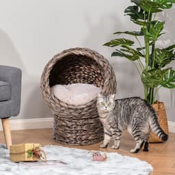 image-Wicker Cat House, Raised Cat Bed with Cylindrical Base, 42 x 33 x 52cm - Brown