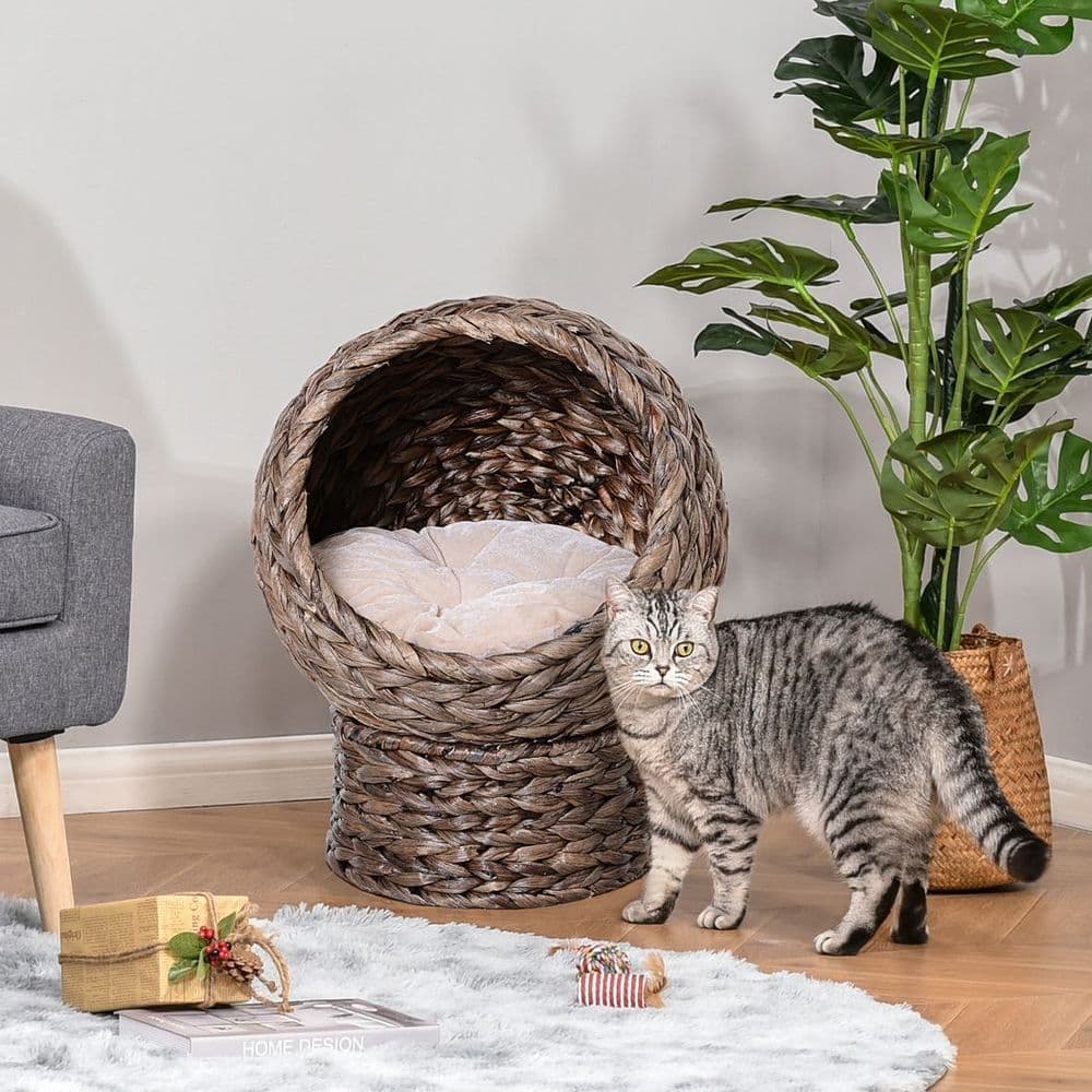 image-Wicker Cat House, Raised Cat Bed with Cylindrical Base, 42 x 33 x 52cm - Brown