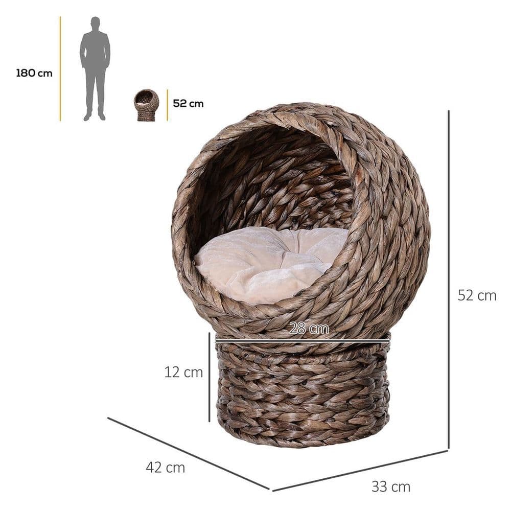 image-Wicker Cat House, Raised Cat Bed with Cylindrical Base, 42 x 33 x 52cm - Brown