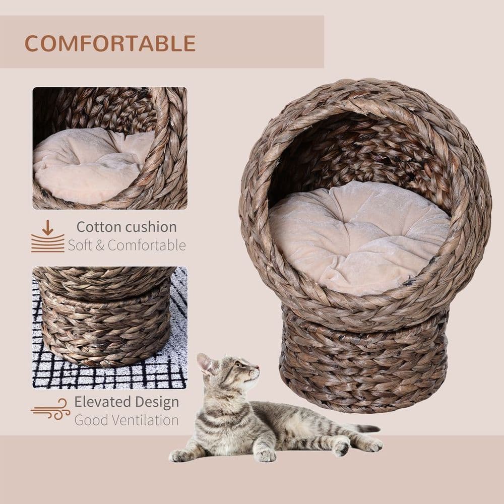 image-Wicker Cat House, Raised Cat Bed with Cylindrical Base, 42 x 33 x 52cm - Brown