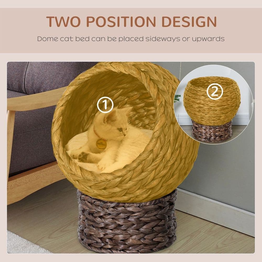 image-Wicker Cat House, Raised Cat Bed with Cylindrical Base, 42 x 33 x 52cm - Brown