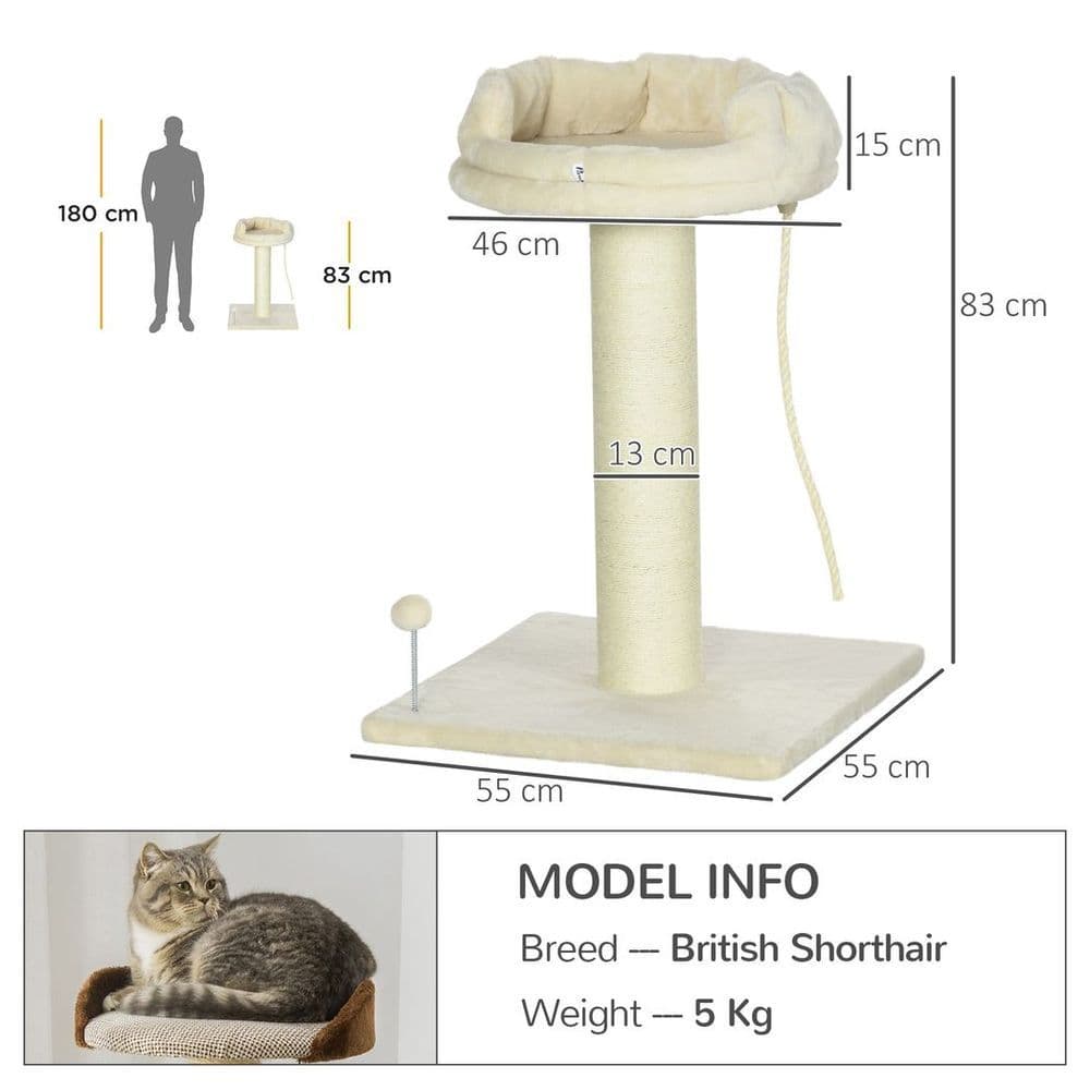 image-Cat Tree for Indoor Cats w/ Sisal Scratching Post, Spacious Kitten Bed - Cream