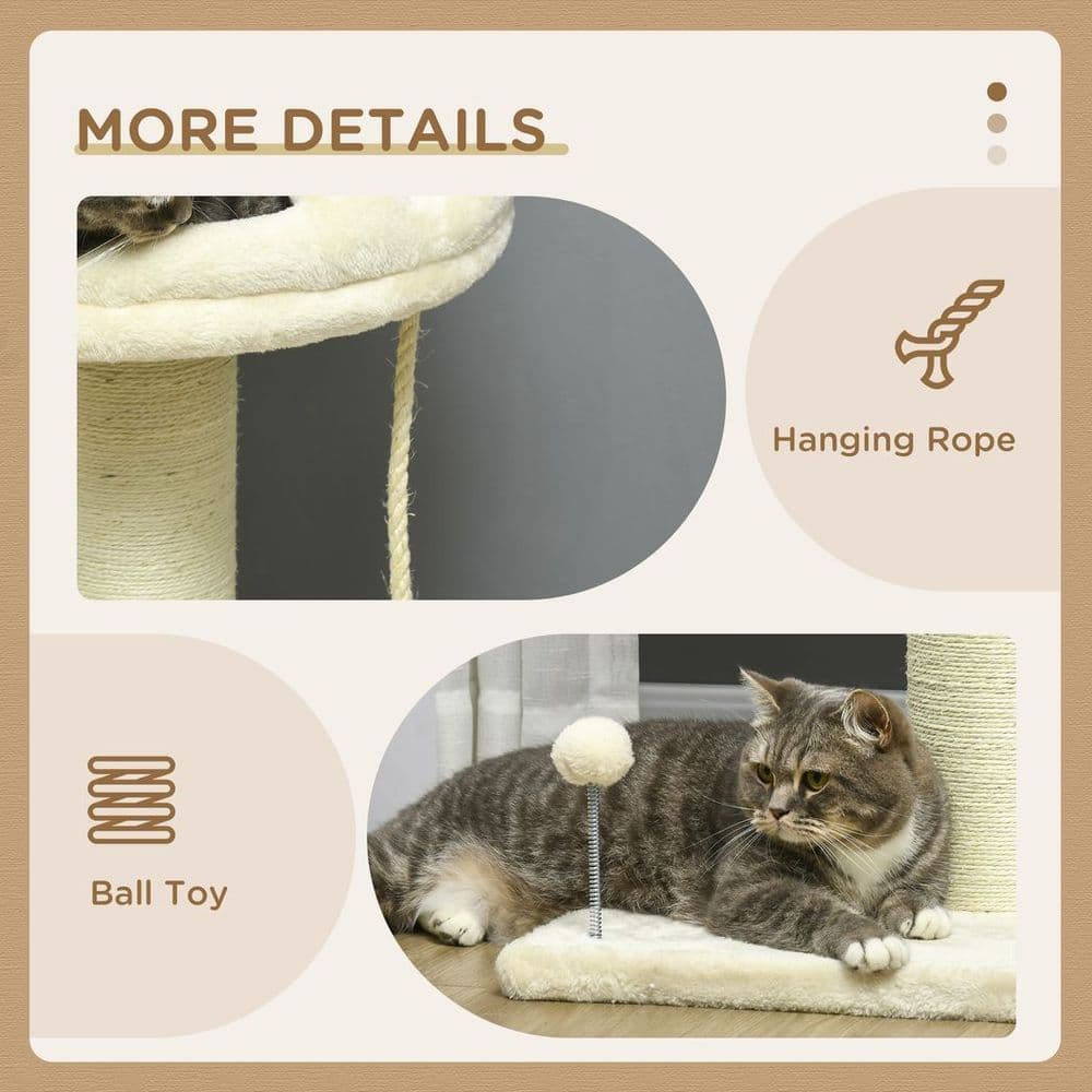 image-Cat Tree for Indoor Cats w/ Sisal Scratching Post, Spacious Kitten Bed - Cream