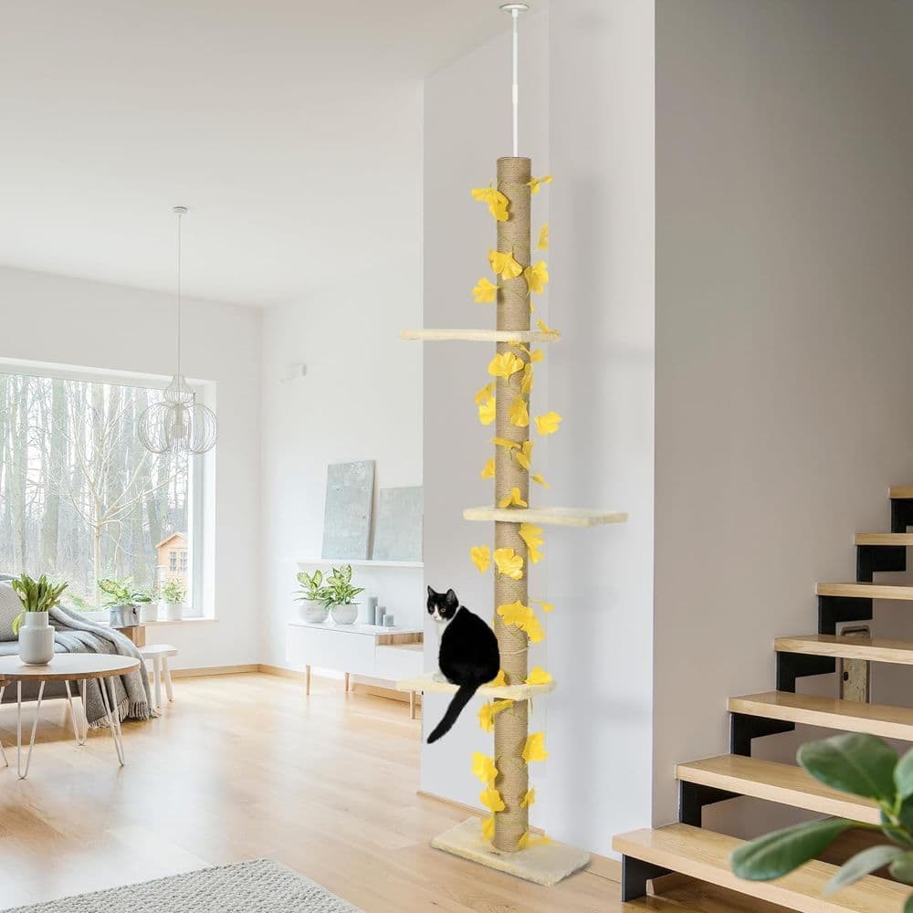 image-242cm Adjustable Floor-To-Ceiling Cat Tree w/ Anti-Slip Kit - Yellow