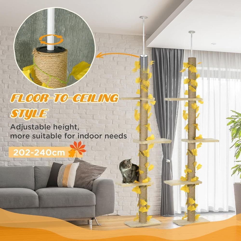 image-242cm Adjustable Floor-To-Ceiling Cat Tree w/ Anti-Slip Kit - Yellow