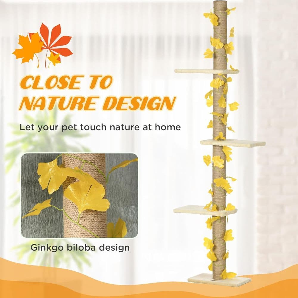 image-242cm Adjustable Floor-To-Ceiling Cat Tree w/ Anti-Slip Kit - Yellow