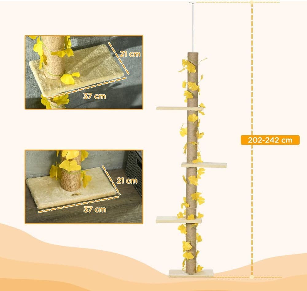 image-242cm Adjustable Floor-To-Ceiling Cat Tree w/ Anti-Slip Kit - Yellow