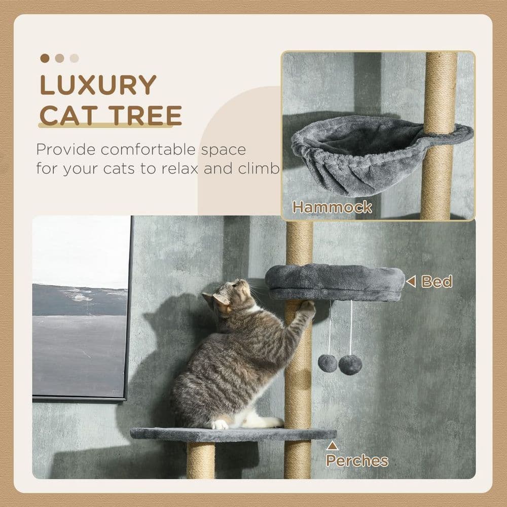 image-6-Tier Floor to Ceiling Cat Tree with Scratching Post, Bed, Hammock, Grey