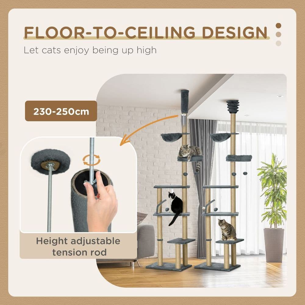 image-6-Tier Floor to Ceiling Cat Tree with Scratching Post, Bed, Hammock, Grey