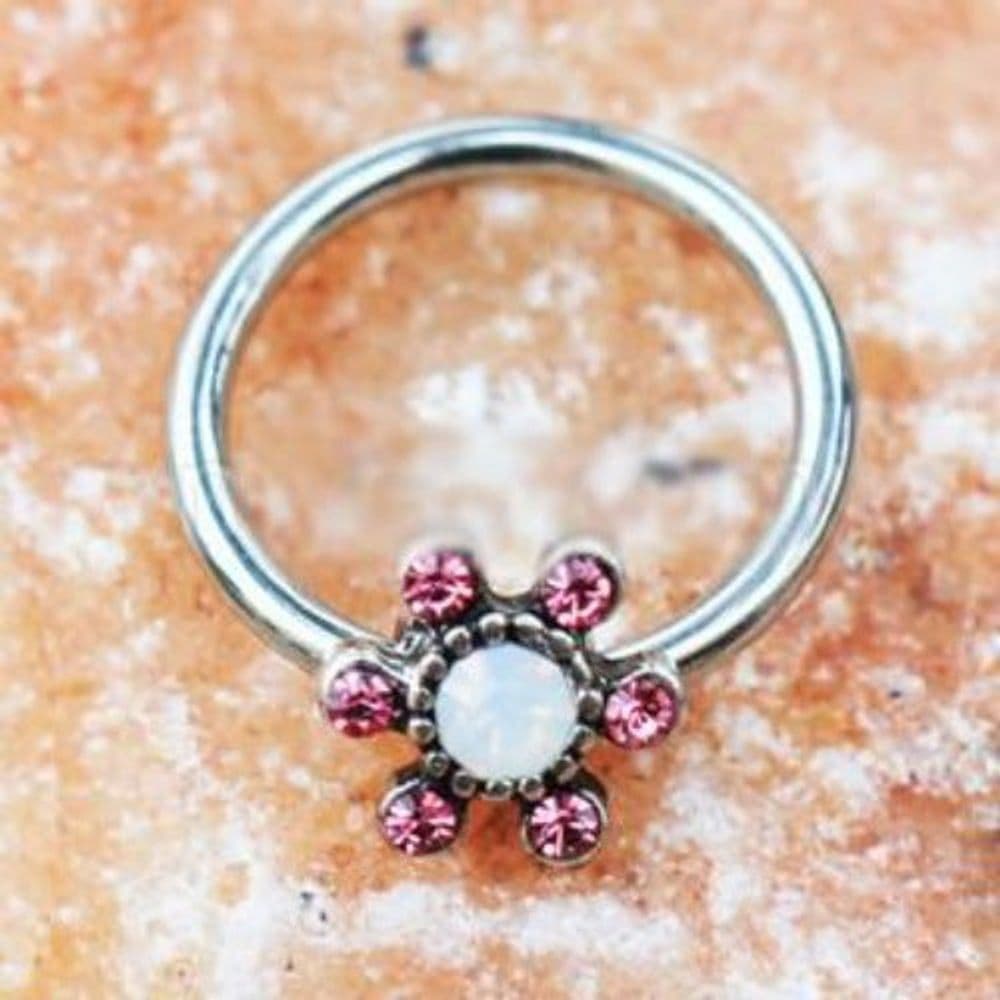 image-316L Stainless Steel Jeweled Flower Snap-in Captive Bead Ring / Septum Ring