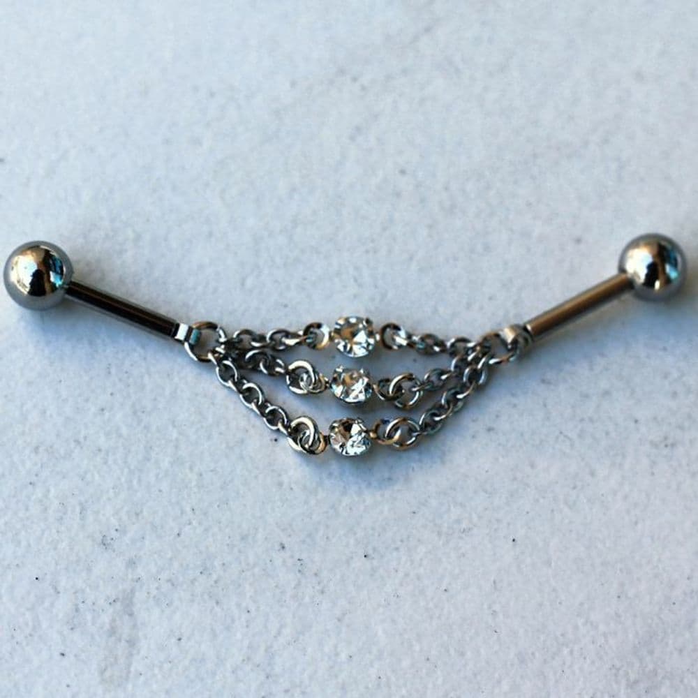 image-316L Stainless Steel Jeweled Triple Chain Industrial Barbell