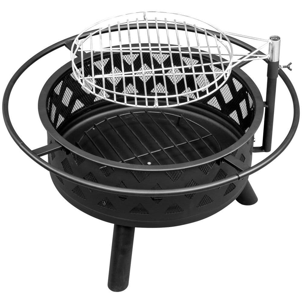 image-30in Outdoor Metal Fire Pit with Cooking Grates Black