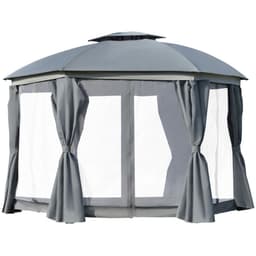 image-144x144 Inch Round Outdoor Gazebo, Patio Dome Gazebo Canopy Shelter with Double Roof, Netting Sidewalls and Curtains, Zippered Doors Grey AS