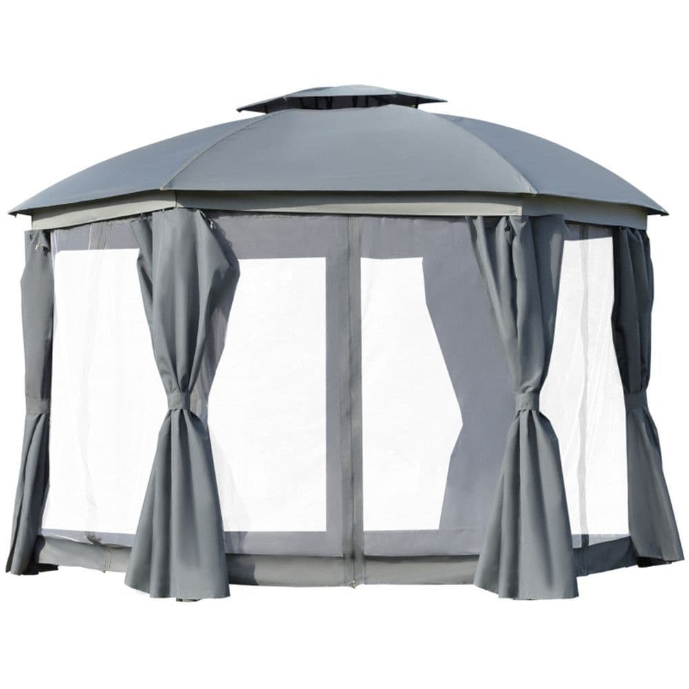 image-144x144 Inch Round Outdoor Gazebo, Patio Dome Gazebo Canopy Shelter with Double Roof, Netting Sidewalls and Curtains, Zippered Doors Grey AS